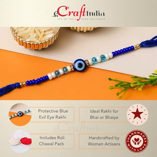 Image of eCraftIndia Blue Evil Eye Rakhi for Brother with Gift Combo Set Hamper | Raksha Bandhan Rakhi for Bhai Bhaiya Bhabhi | Best Bro Ever Fridge Magnet | Roli Chawal Pack