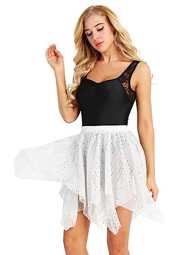 Agoky Women's Glitter Polka Dots Chiffon Ballet Wrap Skirts Asymmetric Latin Dance Half Leotard Skirts Silver One_Size #TOP4