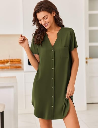 Image of Ekouaer Women V Neck Button Down Nightgown