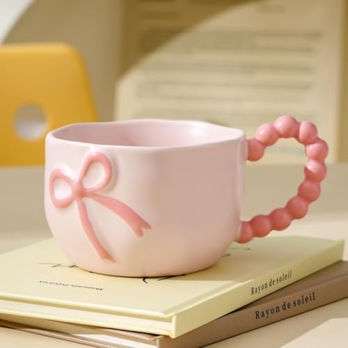 Bow Cup and Saucer Set 350ml Pink Bow Ceramic Coffee Mug Cute Mug Gifts for Women Girl Daughter Sister Bestie Friends Birthday Preppy Pink Stuff for Home School Office Use - Image 5