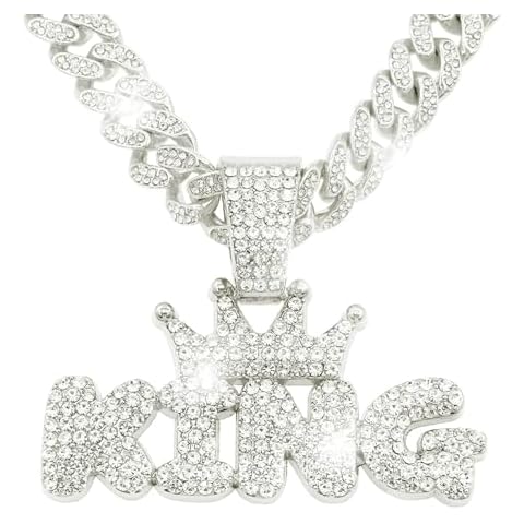 LCWLJL Silver crown letters KING Hip-hop Cuban Chain, Rhinestone Pendant Necklace Jewelry For Men，Men's Fashion Jewelry Cover