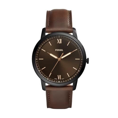 Fossil Minimalist uhr für Herren, Quarzwerk mit Edelstahl- oder Lederarmband, Dunkelbraun, 44MM