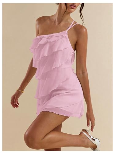 SOLY HUX Women's One Shoulder Ruffle Mesh Mini Dress Layered Backless Vacation Party Sundresses2
