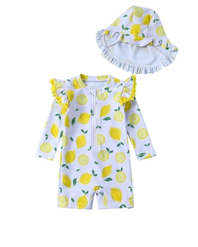 Image of Toddler Girl Swimsuit Baby Girl Bathing Suit Long Sleeve Floral Zipper One-Piece Rash Guard Swimsuit with Hat