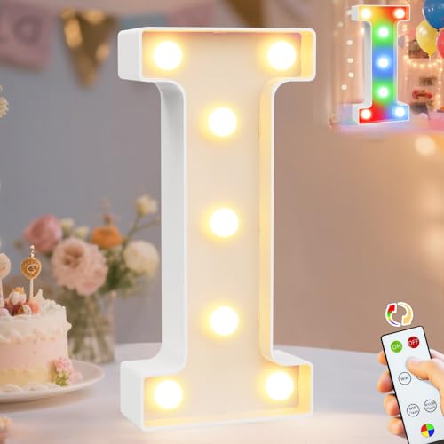 Image of Pooqla LED Light Up Letters, Warm White and Colorful Lighted Marquee Letters with Remote, Lighted Letter for Party Birthday Decorations, Gift for Girls Boys Night Light, Wedding Home Decor, Letter I