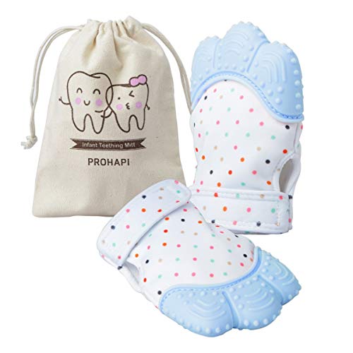 Prohapi Silicone Baby Teething Mitten, Self-Soothing Teether & Teething Pain Relief Toy Glove Plus Hygienic Travel Storage Pouch - Natural Remedy for Infant & Toddlers 3-6 Months (Blue 2-Pack)