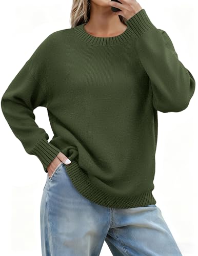 Zeagoo Fall Sweaters for Women 2026 Long Sleeve Crewneck Ribbed Knit Pullover Sweater Loose Fit Basic Green Jumper Tops S
