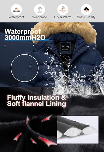 Image of Pursky Men's Puffer Jacket Waterproof Winter Bubble Coats Ski Parka Fur Hooded