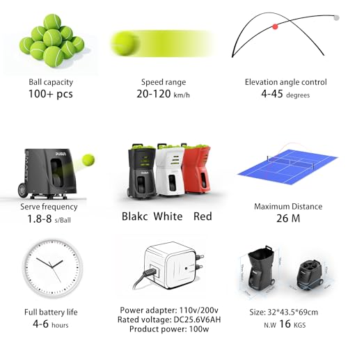 PUSUN PT-Smart Tennis Ball Machine, High-Capacity,Remote-Controlled via APP/Smartphone, Max Speed 12-80 KPH, 26M Max Distance – Portable Training Equipment for Enthusiasts, Pros & Beginners (Black)