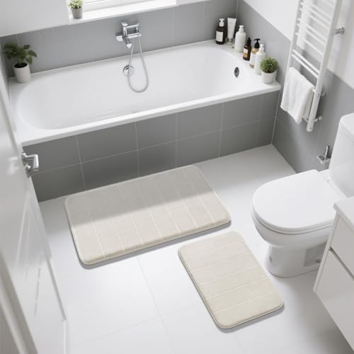 Image of Yimobra 2 Pieces Memory Foam Bath Mat Sets, 17x24+44.1x24 Inches for Bathroom Rugs, Toilet Mats, Non-Slip, Soft Comfortable, Water Absorption, Machine Washable (Cream White, 17 inchx24 inch+31.5 inchx19.8 inch)