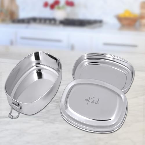 inKitch Stainless Steel Lunch Box 650ML | Round Tiffin Box for School with Inner Container & Secure Locking Clip | Leak-Proof, Durable, Stylish & Food-Safe Steel