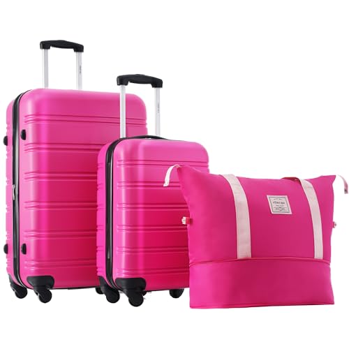 Merax Luggage Sets 2 Piece Expandable Hardside Luggage with Travel Bag Suitcase Set with Spinner Wheels(20+28+bag,Pink-1)