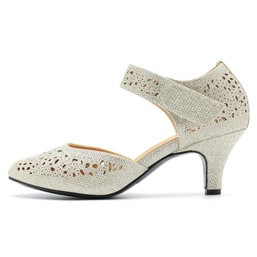Image of Women's Comfortable Mary Jane Pumps Vintage Cutout Closed Toe Kitten Heels for Dressy Office Work