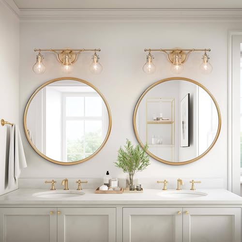 Image of KSANA Gold Bathroom Light Fixtures, 20'' Modern Vanity Lights with Clear Teardrop Glass Shade, 3-Light Bathroom Lighting Over Mirror