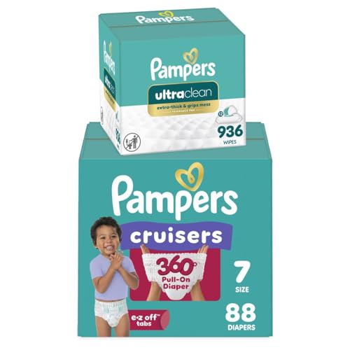 Pampers Pull On Cruisers 360° Fit Disposable Baby Diapers Size 7, One Month Supply (88 Count) with Free & Gentle Baby Wipes 12 Flip-Top Packs (936 Wipes Total)