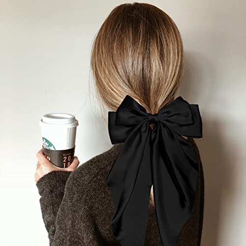 Big Silky Hair Bows With Long Tail Satin Hair Barrettes Clips For Girls And Women 80'S 90'S Hair Ties Accessories ( Black And White ) #TOP3