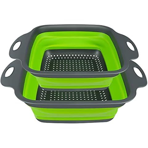 AUAUY 2 PCS Collapsible Colander Set, Square Silicone Folding Colander with Plastic Handles, Eco-Friendly Large Hole Kitchen Strainer for Draining Pasta Vegetables Fruits-1 Large and 1 Small Cover