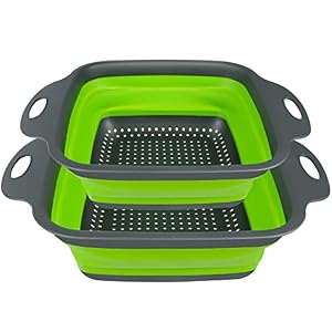 AUAUY 2 PCS Collapsible Colander Set, Square Silicone Folding Colander with Plastic Handles, Eco-Friendly Large Hole Kitchen Strainer for Draining Pasta Vegetables Fruits-1 Large and 1 Small