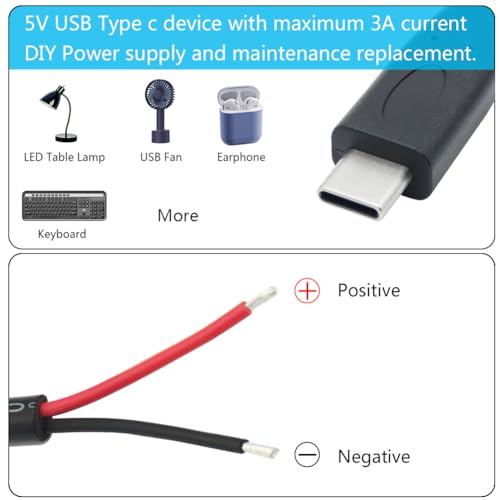 Image of Short USB C to 2 Pin Bare Wire Open End Power Cable 10inch, 20AWG 5V USB Type C Male Plug 2 Pin Pigtail Cable, for USB Type C Equipment Installed or Replacement Repair DIY Cable