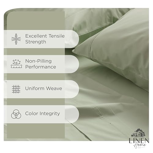 Image of Linen Home 100% Cotton Percale Sheets Queen Size, Sage, Deep Pocket, 4 Pieces Set - 1 Flat, 1 Deep Pocket Fitted Sheet and 2 Pillowcases, Crisp Cool and Strong Bed Linen