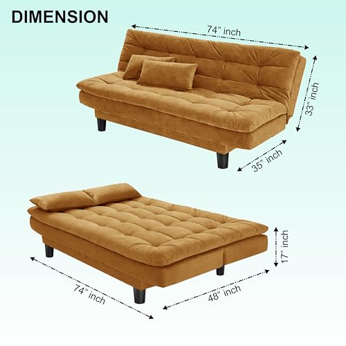 Image of Modern 3 Seater Sofa Cum Bed with Cushions, Foldable Convertible Couch, Velvet Fabric Sleeper Sofa for Living Room, Guest Room, Golden