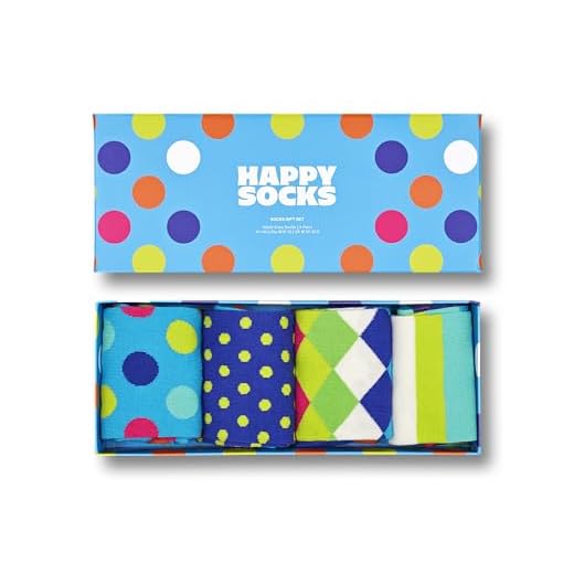 Happy Socks 4-Pack Amazon Big Dot Box, farbenfrohe und fröhliche, Socken für Männer und Frauen, Grün-Blau-Orange-Gelb-Rosa-Weiß (36-40)