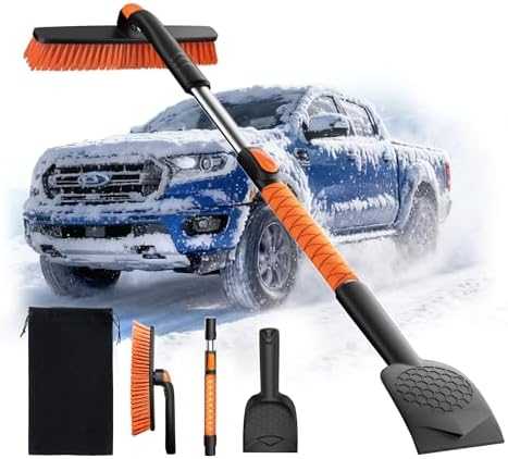45″ Extendable Snow Brush and Ice Scrapers for Car Windshield [360° Rotating Snow Brush Head] Military-Grade Sturdy Ice Scraper for Sedans, SUVs and Trucks Easy Storage Orange