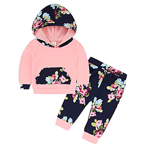 Edjude Conjuntos de Ropa Bebé Niñas Sudaderas Pantalones Floral Manga Larga con Capucha Recién Nacido Trajes Otoño 6-12 Meses Rosa Cover