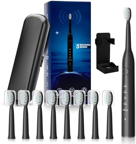 Rechargeable Electric Toothbrush, 8 Brush Heads, with 100 Day Battery Life, 5 Cleaning Modes, Fast Type-C Charging, Comes with Portable Travel Case & Holder, Black