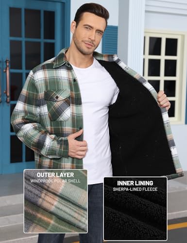 Image of Men's Flannel Jacket Fleece Lined Casual Button Up Plaid Jacket Long Sleeve Sherpa Shacket with Pockets