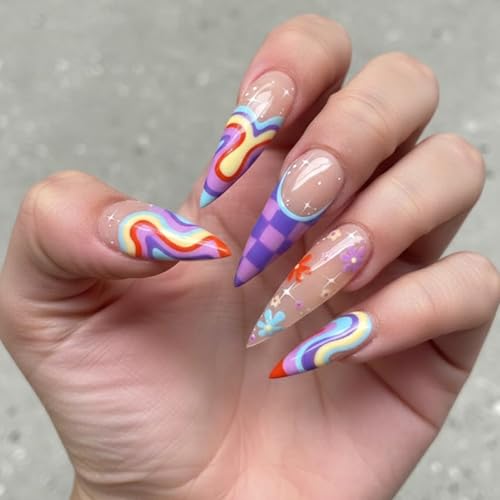 Press on Nails Long Stiletto Colorful Y2K Rainbow Swirl Fake