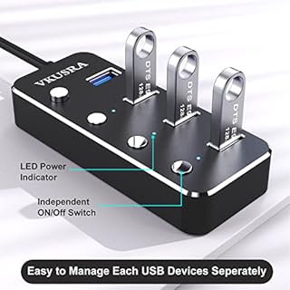 USB Hub 3.0 Powered, VKUSRA 4 Ports Ultra Slim USB Splitter with 5V/3A AC Power Supply Adapter, High-Speed Data Hub with 1.2m Extended Cable and Individual On/Off Switch