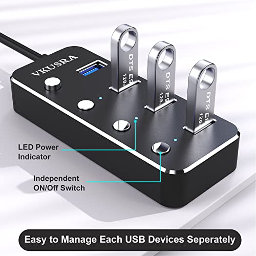 USB Hub 3.0 Powered, VKUSRA 4 Ports Ultra Slim USB Splitter with 5V/3A AC Power Supply Adapter, High-Speed Data Hub with 1.2m Extended Cable and Individual On/Off Switch - Image 3