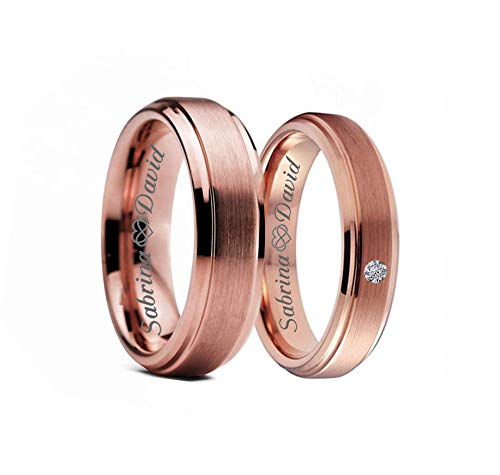 Personalized Rose Gold Tungsten Ring Set Custom Engraved Free In Any Language - Couple's Ring Set - Wedding Band Set - Ships from USA2
