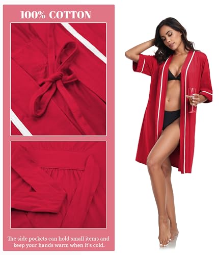 Image of ANLIQI Womens 100% Cotton Robes Lightweight Summer Short Sleeve Lady Bathrobe Knee Length Kimono Robe Sleepwear with Pockets