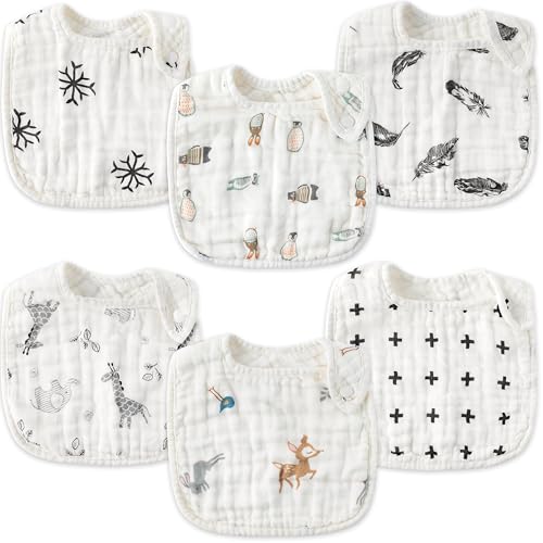 Zainpe 6Pcs Snap Muslin Cotton Baby Bibs Grey Winter Penguins Snowflakes Bib with 6 Absorbent & Soft Layers Adjustable Burp Cloths for Infant Girl Boy Toddler Drooling Eating Feeding 0 to 24 Months