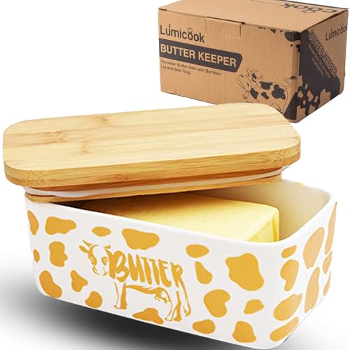 Lumicook Butter Dish with Lid, Farmhouse Cow Butter Dish, Covered Butter Holder, Two Sticks of Butter, Large Covered Tray with Bamboo Lid (Gold)
