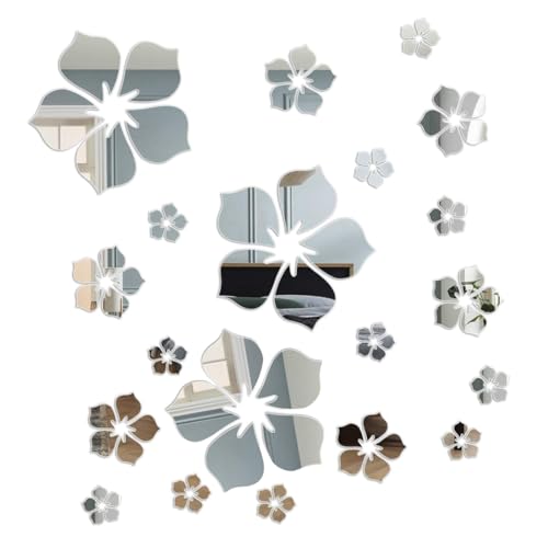 UEIOAVL Adesivi da parete, 18 pezzi adesivi murali a specchio fiori in acrilico fai da te adesivi murali artistici decorazione murale per camera da letto bagno soggiorno (argento)