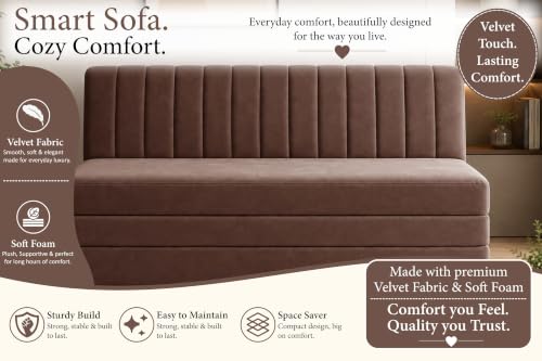 Image of 3-Seater Velvet Sofa Cum Bed | Convertible Sleeper Sofa | Modern Foldable Couch for Living Room, Bedroom & Office | Brown