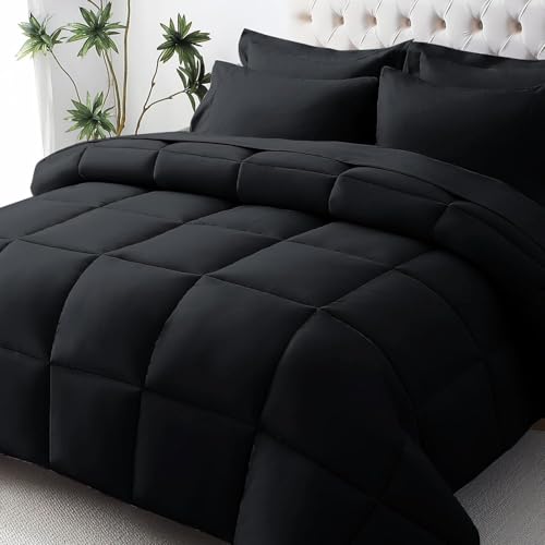 JOLLYVOGUE Full Comforter Set, Ultra-Soft Bed in a Bag Full Size 7 Pieces, Oeko-TEX Certified Bedding Set with Down Alternative Comforter, Sheets, Pillowcases & Shams, Black by JOLLYVOGUE - Used condition - US$35.99