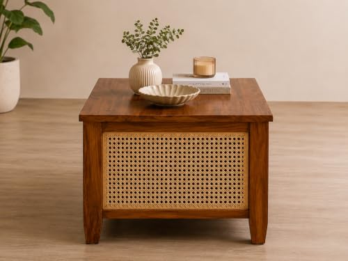 Image of Coffee Table for Living Room | Sheesham Wood Center Teapoy Table with Drawer Storage for Office and Hotels | Rattan Tea Table (Natural Finish)