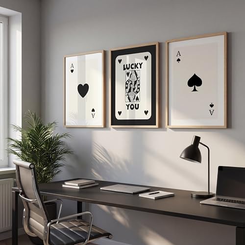 Image of NoWorries Playing Cards Wall Framed Painting Set | Lucky Card Art & Heart Ace Posters Frames | Premium 300 GSM Paper Print with Synthetic Wooden Frame | Minimal Black & White Aesthetic Wall Decor for Living Room & Bedroom (Pattern-illustration) (Set of 3) (NATURAL, ART-5, 10X13INCHES)