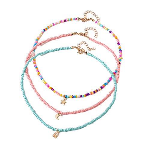 Handmade Multilayered Rainbow Colorful Beads Link Chain Moon Star Butterfly Pendant Choker Necklace Friendship Creative Beach Costume Jewelry for Women-pink