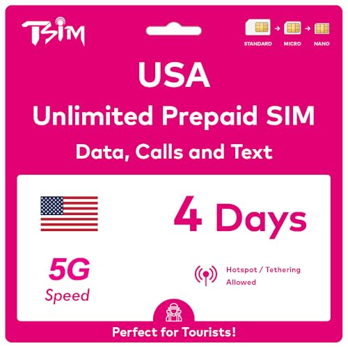 USA SIM Card for Travel to the USA. PrePaid. T-Mobile network with Unlimited Data, Calls and Texts. New Upgraded 5G SIM Card! (4 Day)