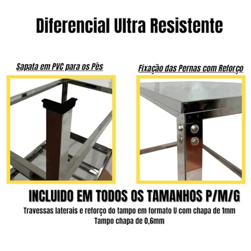 LAURINDOS, Mesa Industrial Inox 70x57x80 Suporte Multiuso Reforçada
