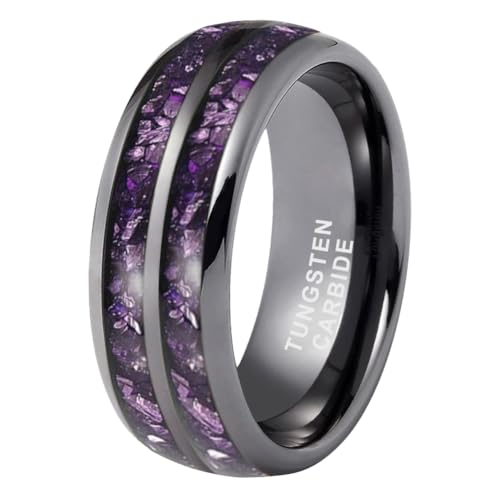 TUTISS 8mm Silver/Black/Gunmetal Purple Tungsten Rings for Men Women Amethyst Inlay Fashion Engagement Promise Wedding Band Polished Comfort Fit, Metal, No Gemstone