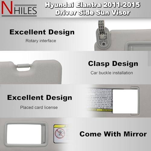 NHILES Left Driver & Right Passenger Side Sun Visor Replacement Compatible with Hyundai Elantra 2011 2012 2013 2014 2015 Replace# 852103X000TX Colour Gray - Thumbnail 3