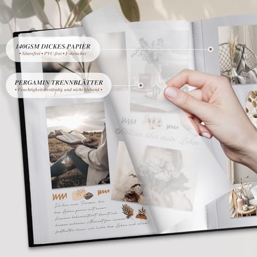 Lanpn Photo Album Scrapbooking Large Linen Window Design DIY Scrapbook 100 Blank Pages with Cellophane Dividers for Photos 9 x 13 cm 10 x 15 cm 13 x 18 cm (30 x 33.5 cm - Image 3