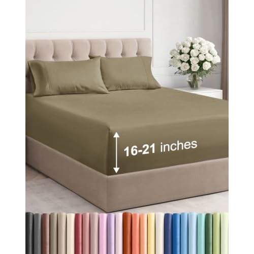 Extra Deep Pocket Queen Size Sheet Set - Breathable & Cooling - Khaki