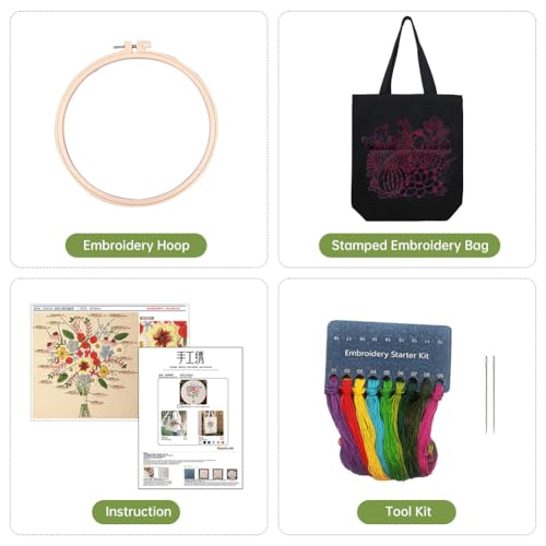 Image of Eforcase Canvas Handbag Embroidery Kit, Flower Embroidery DIY Craft Floral Tote Bag Beginner Kit Include Hoops Color Threads Needle, DIY Sewing Stamped Set